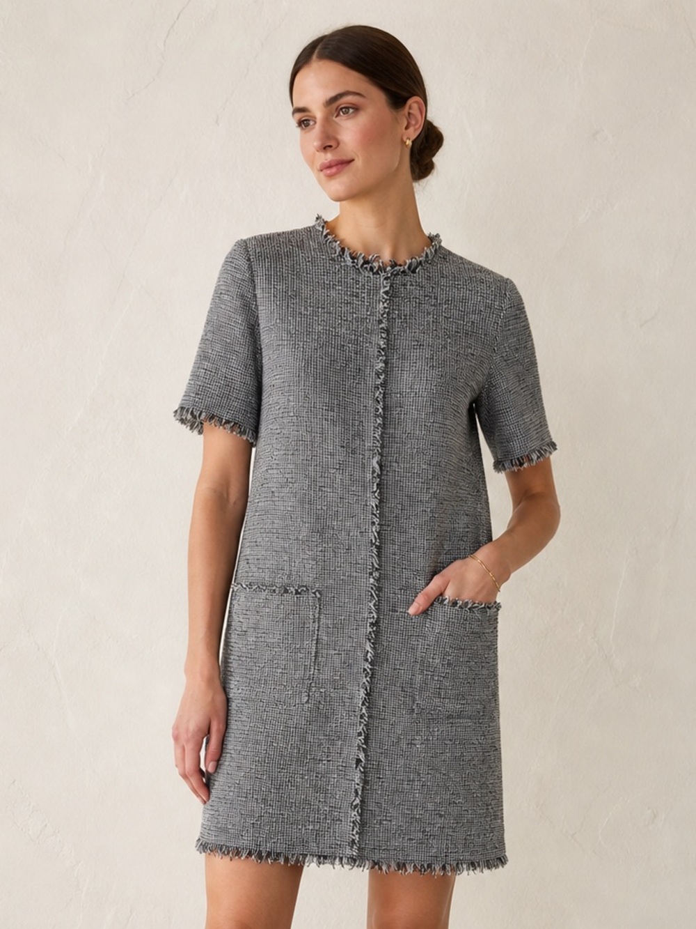 LK Bennett Nessa Tweed Shift Dress Black Cream Frayed Trim 6
